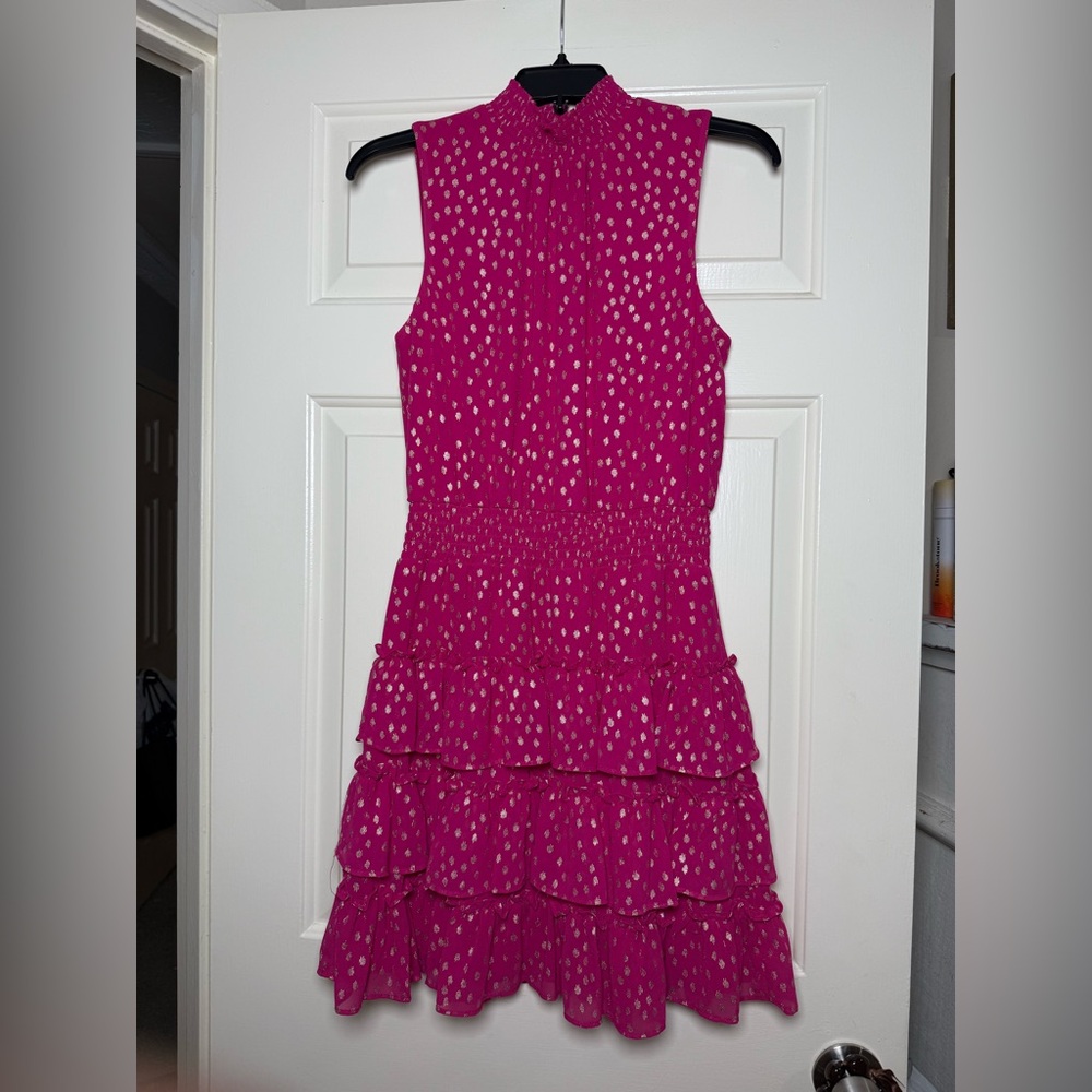 MSK Fusicha & Gold Print Smoked Waist Sleeveless Ruffle Tiered Dress